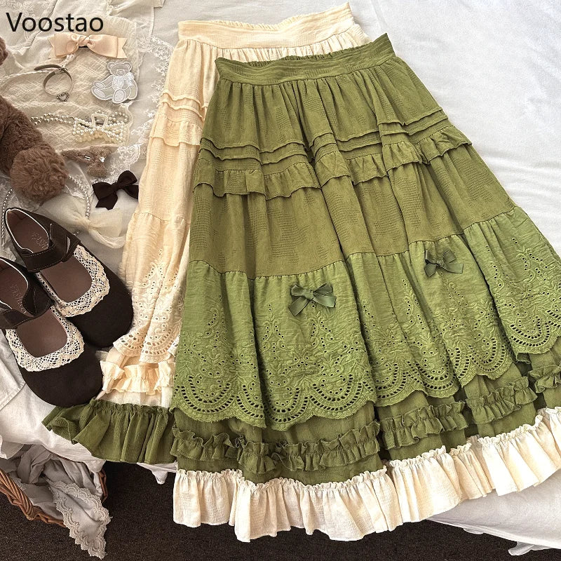 Mori Girl Style Lolita Midi Skirt Women Vintage Embroidery Lace Floral Bow Ruffles Long Skirts Female Prairie Chic Party Skirt - Madeinsea©