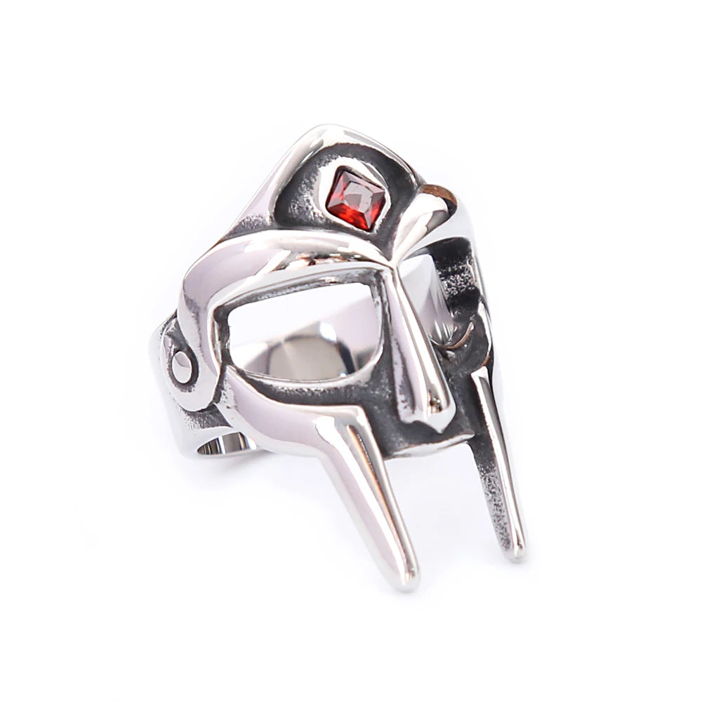 Punk Vintage Stainless Steel MF DOOM Mask Rings With Red Stone Fashion Fingers Jewelry For Men Women Party Amulet Jewelry Gifts