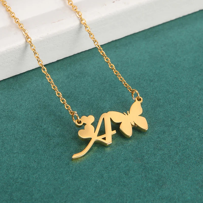 New Fashion 26 Initials Letter Pendant Butterfly Necklace for Women Elegant Stainless Steel Gold Color Necklace Jewelry Gift