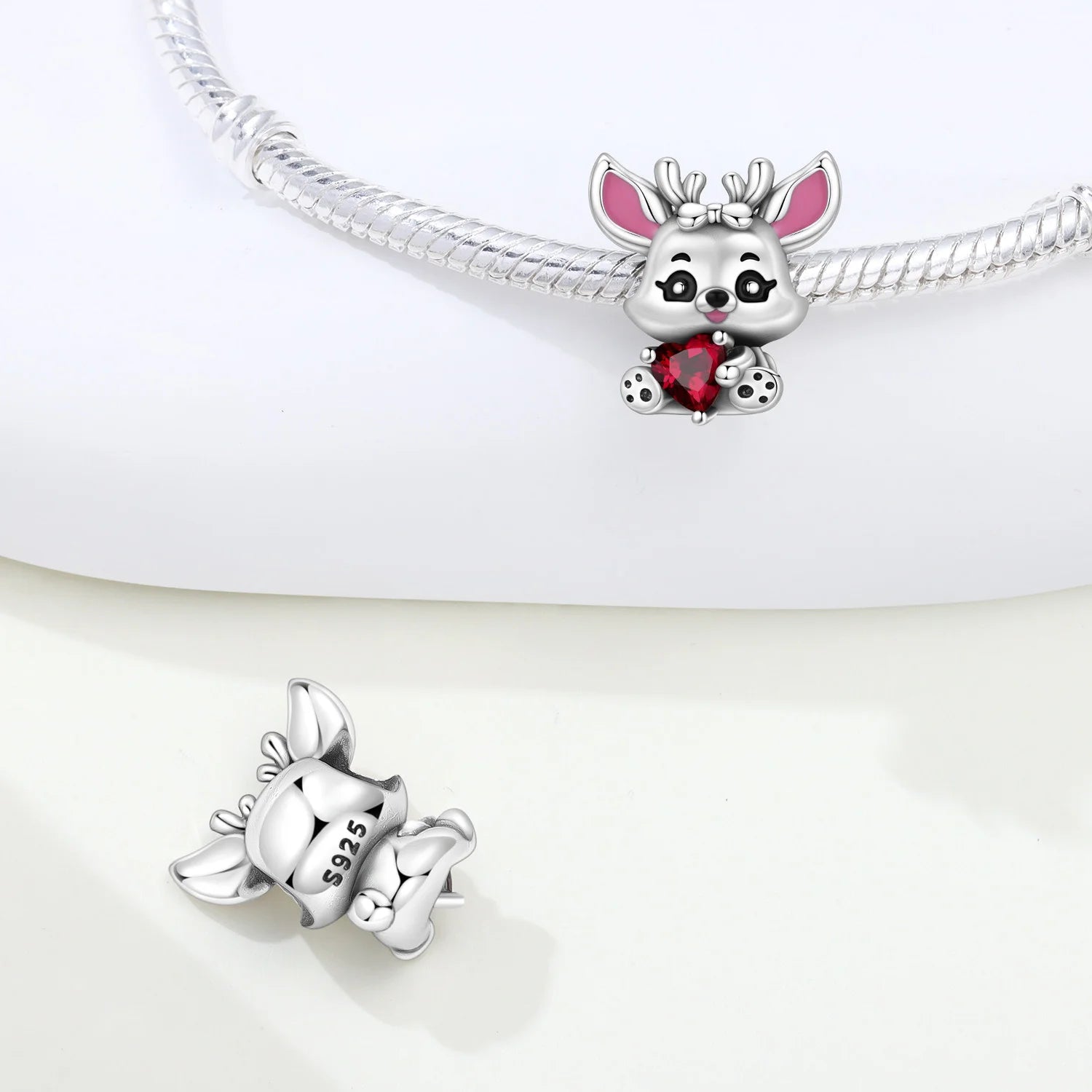 PANPOKI 925 Sterling Silver Red Zircon Heart Elk Animal Beads Original Pendants Bracelet Charm Jewelry Party DIY Trendy Gifts