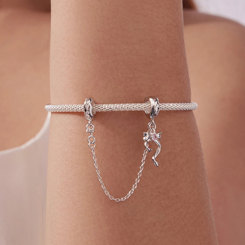 WOSTU Original 925 Sterling Silver Pink Bow Heart SnowFlake Safety Chain Turtle Spacer bead Fit Bracelet Jewelry Making DIY Gift