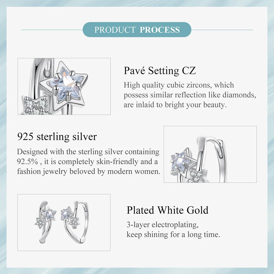 WOSTU 925 Sterling Silver Double Star Shiny Zircon Hoop Earrings For Women , Valentine Jewelry Gift Daily Praty Wear Jewelry Gif