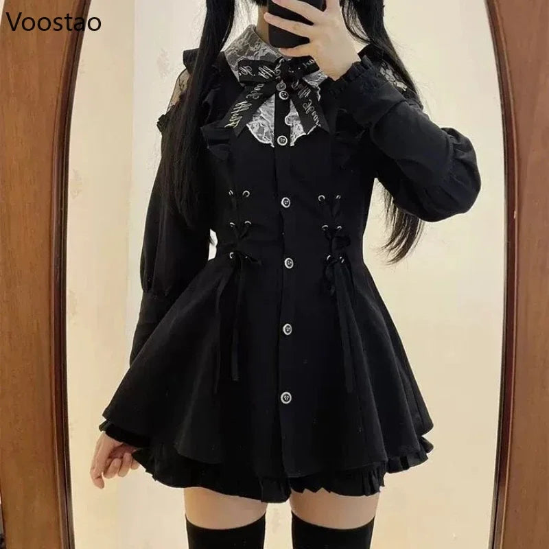 Japanischer Gothic-Stil Y2K Lolita Schleifenkleid Shorts Set Damen Süßes Langarmhemd Partykleider Vintage Karo Slim Minikleid