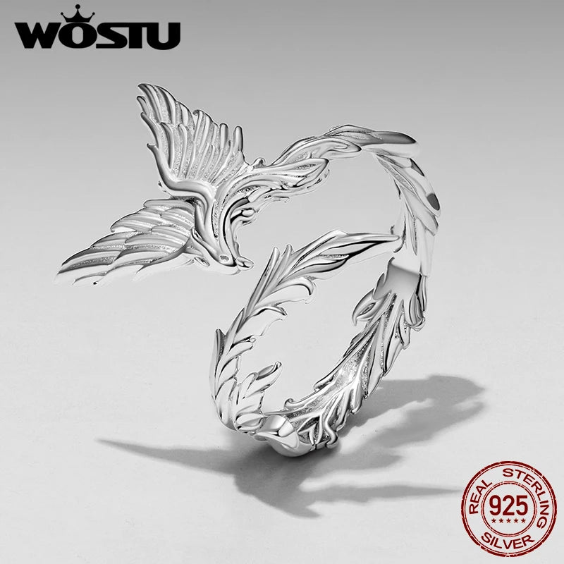 WOSTU 925 Sterling Silver Unique Vintage Style Phoenix Open Ring For Women, Elegant Open Wing Dragon Bird Animal Rings Xmas Gift