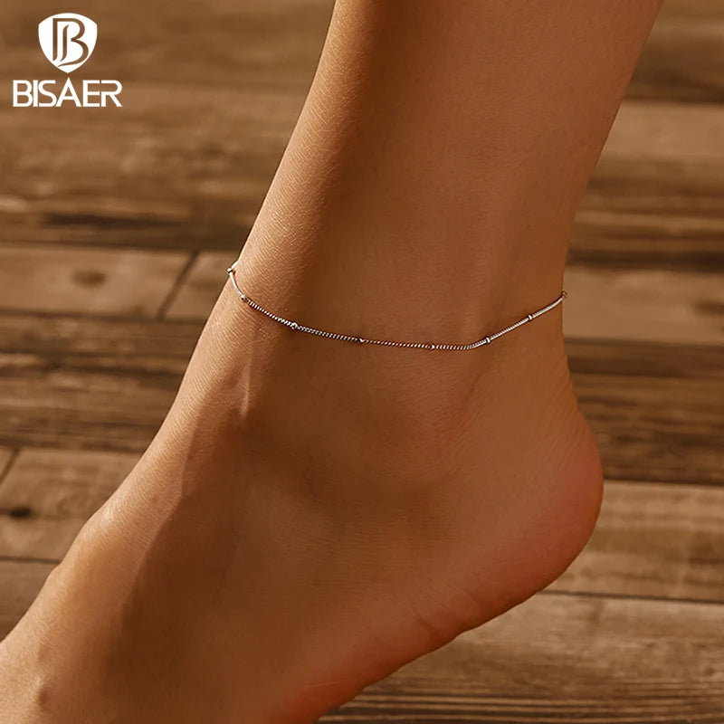 BISAER 925 Sterling Silver Snake Chain Anklet Bracelet Chain Anklet Beads Cute Cat Waterproof Chain For Women Party Fine Jewelry