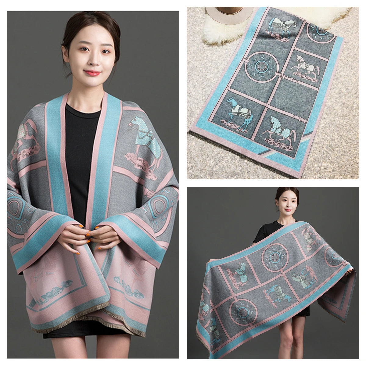 Women's Autumn Winter Horse Pattern Scarf New Luxury Cashmere Feeling Large Blanket Wrap Soft Warm Brand Shawl Retro & Classical - Madeinsea©