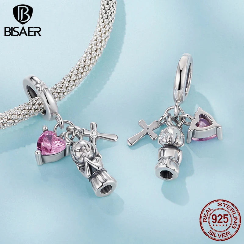BISAER 925 Sterling Silver Guardian Angel Love Pendant Bible Sacred Heart Charm for Faith Men Women DIY Bracelet Fine Jewelry