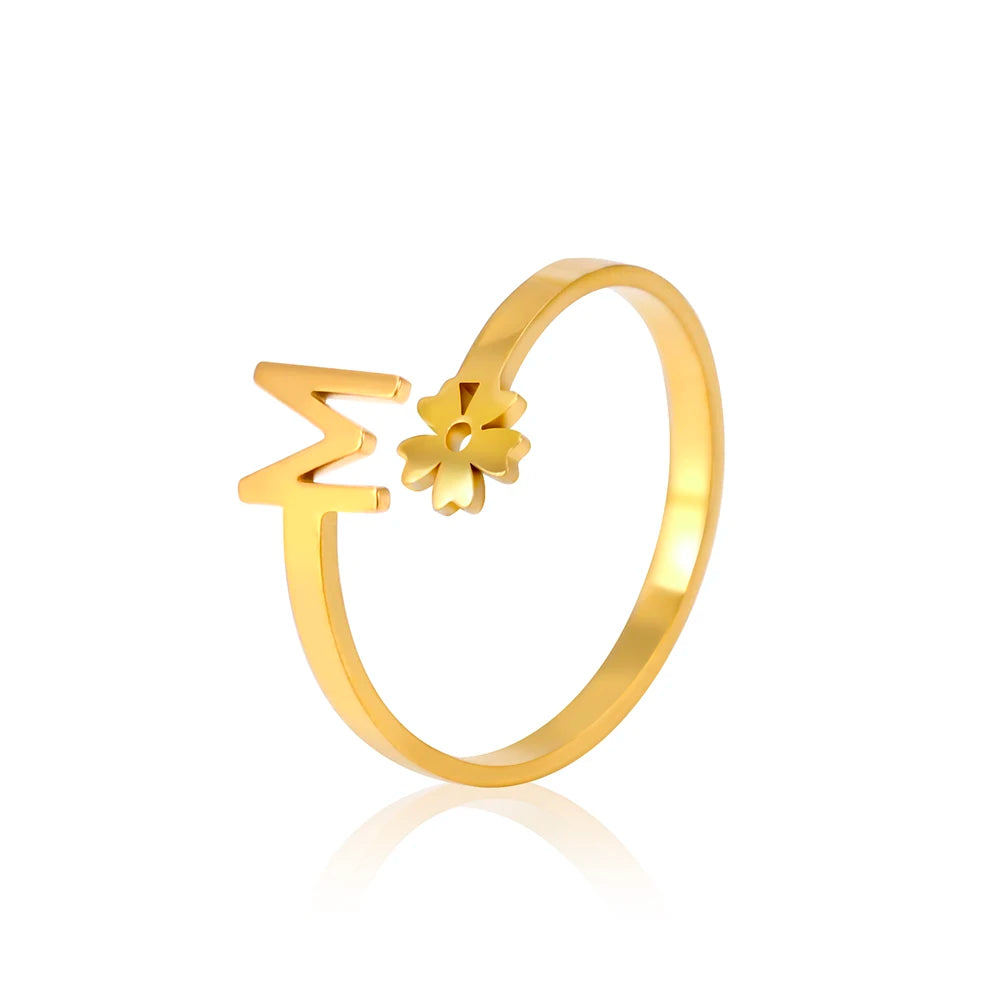 Stainless Steel Flower 26 Alphabet Open Ring for Women A-Z Initial Name Ring 2022 New Fashion Jewelry for Birthday Gift