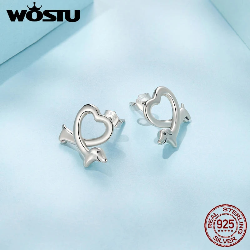 WOSTU 925 Sterling Silver Dachshund Heart Stud Earrings For Pet Lover, Unique Girl Birthday Gift S925 Animal Dog Ear Studs