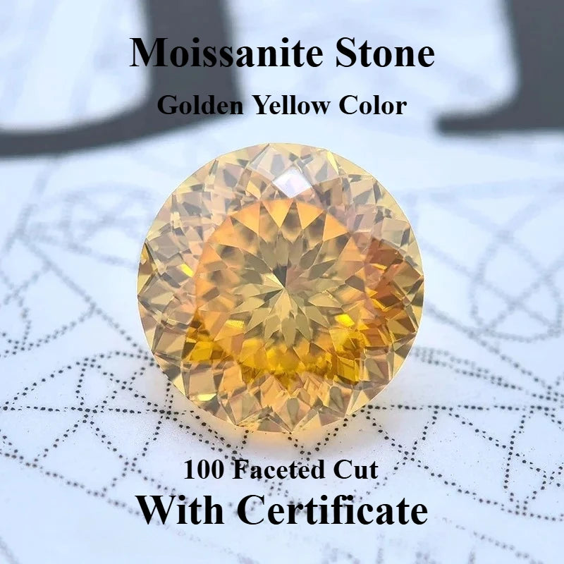 Moissanite Stone Round Shape Golden Yellow Color 100 Faceted Cut Lab Grown Gemstone for Charms Women Jewel with Certificate