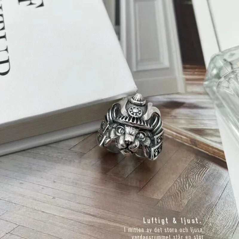 Retro Samurai Cat Ring For Men Silver Color Punk Gothic Adjustable Open Ring Handmade Hiphop Unisex Jewelry Accessories Gift