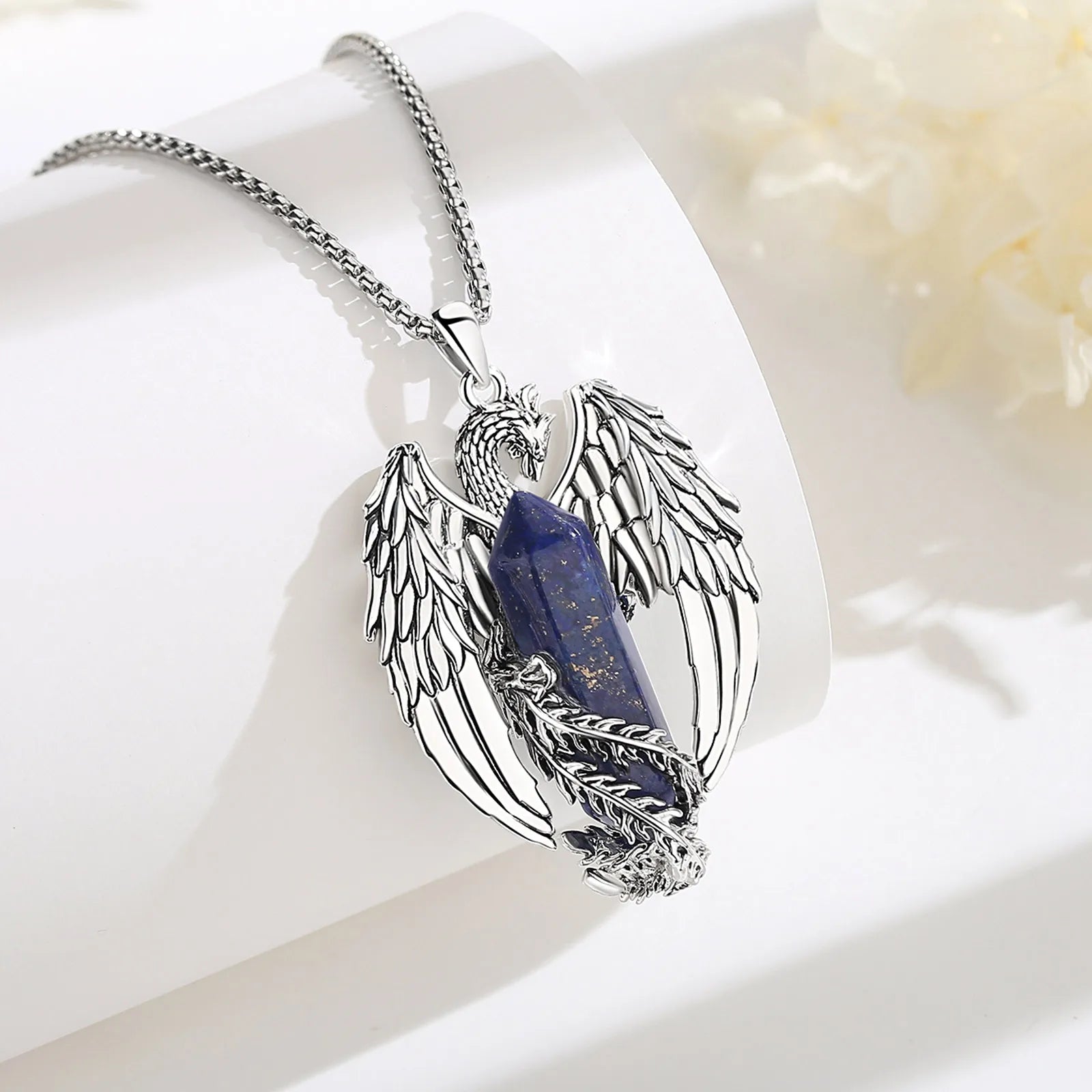 Eudora Phoenix Twining Hexagonal Lapis Lazuli Prismatic Necklace Punk Natural Healing Stone Crystal Pendant Personality Jewelry