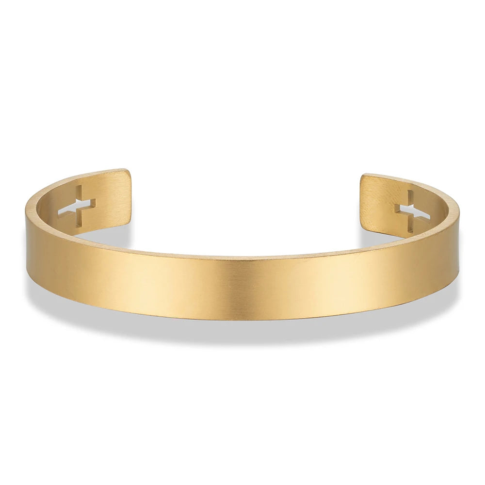 Gold Color Stainless Steel Cross Cuff Bracelet for Men Carving Design Fashion Wristband Hand Accessory Perfect Gift for Him