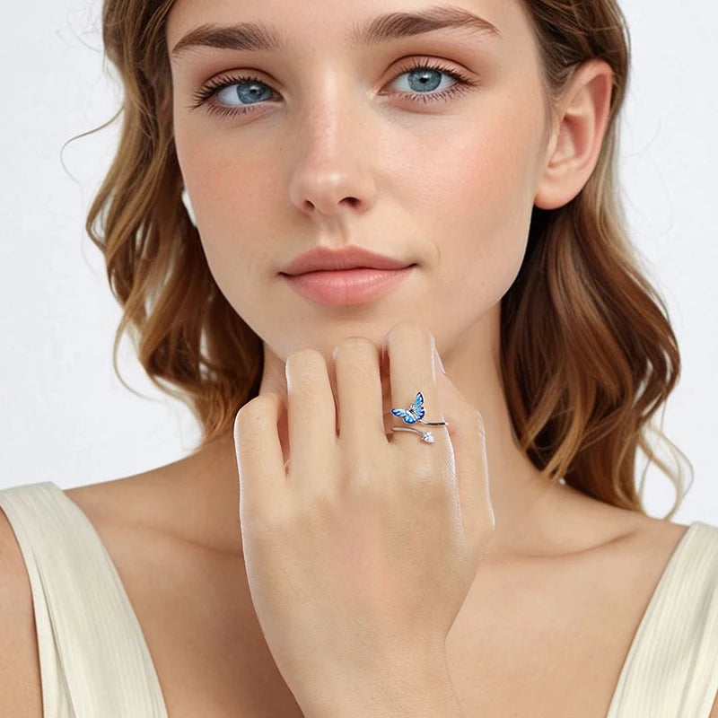 WOSTU 925 Sterling Silver Blue Butterfly Stud Earrings Open Ring For Women Wedding Engagement Fine Jewelry Set Girl Party Gift