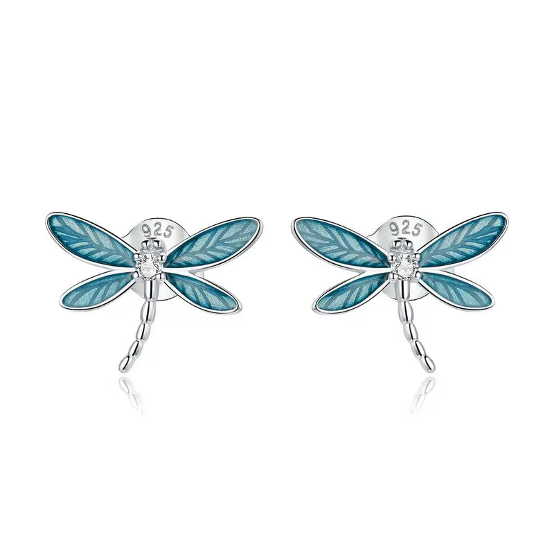 BAMOER 925 Sterling Silver Cute Butterfly Stud Earrings Blue Enamel Insect Earrings for Women Teens Young Lively Jewelry Gift