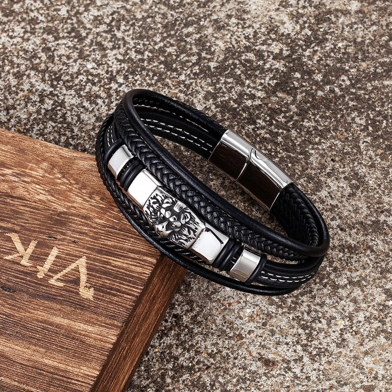 MKENDN Trendy Genuine Multilayer Leather Bracelet Classic Animal Lion Head Accessories Men Stainless Steel Leather Wristband
