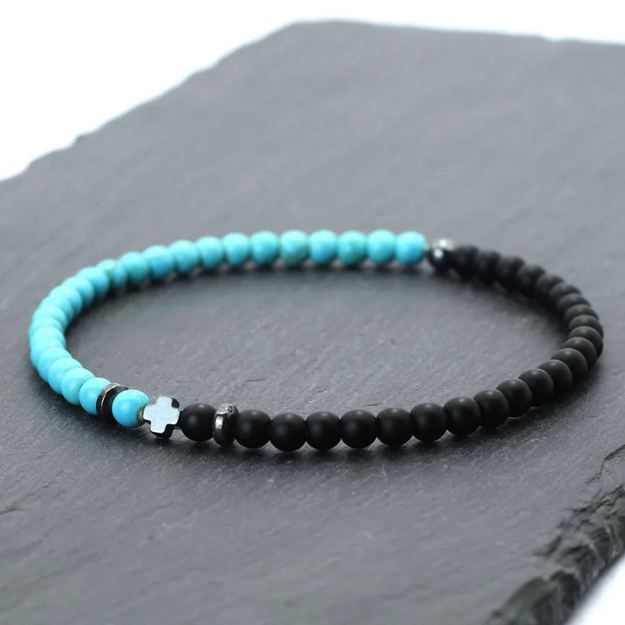 Minimalist Men Cross Bracelet Bicolor Black White 4mm Beads Strand Braslet Volcanic Rock Turquoises Stone Energy Healing Braclet