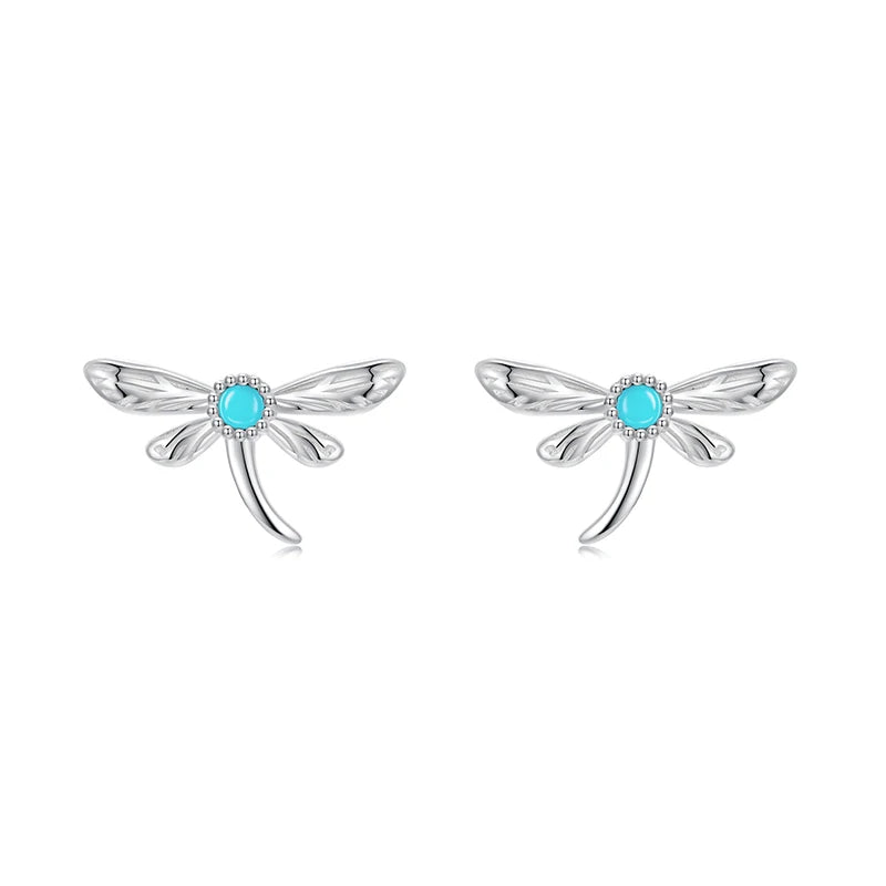 WOSTU 925 Sterling Silver Green Turquoise Dragonfly Stud Earrings Open Ring For Women Party Jewelry set Holiday Jewelry Gift