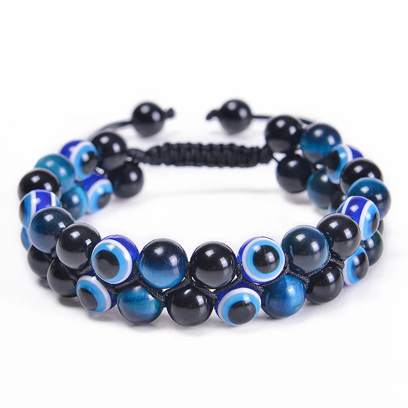 8MM Evil Eye Triple Protection Bracelet Blue Tiger Eye Stone Black Onyx Bracelet Healing Handmade Natural Stone Beads Bracelet