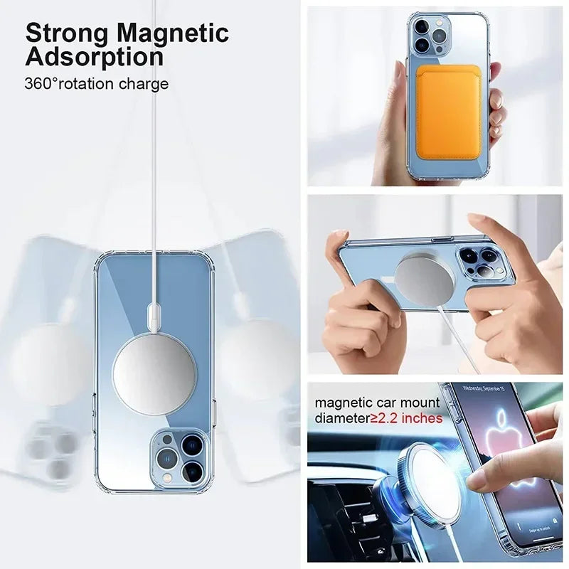 Hard Crystal Original Magnectic Case For iPhone 16 15 14 13 12 11 Pro Max 16E X XS XR SE 7 8Plus Magsafe Wireless Charging Cover
