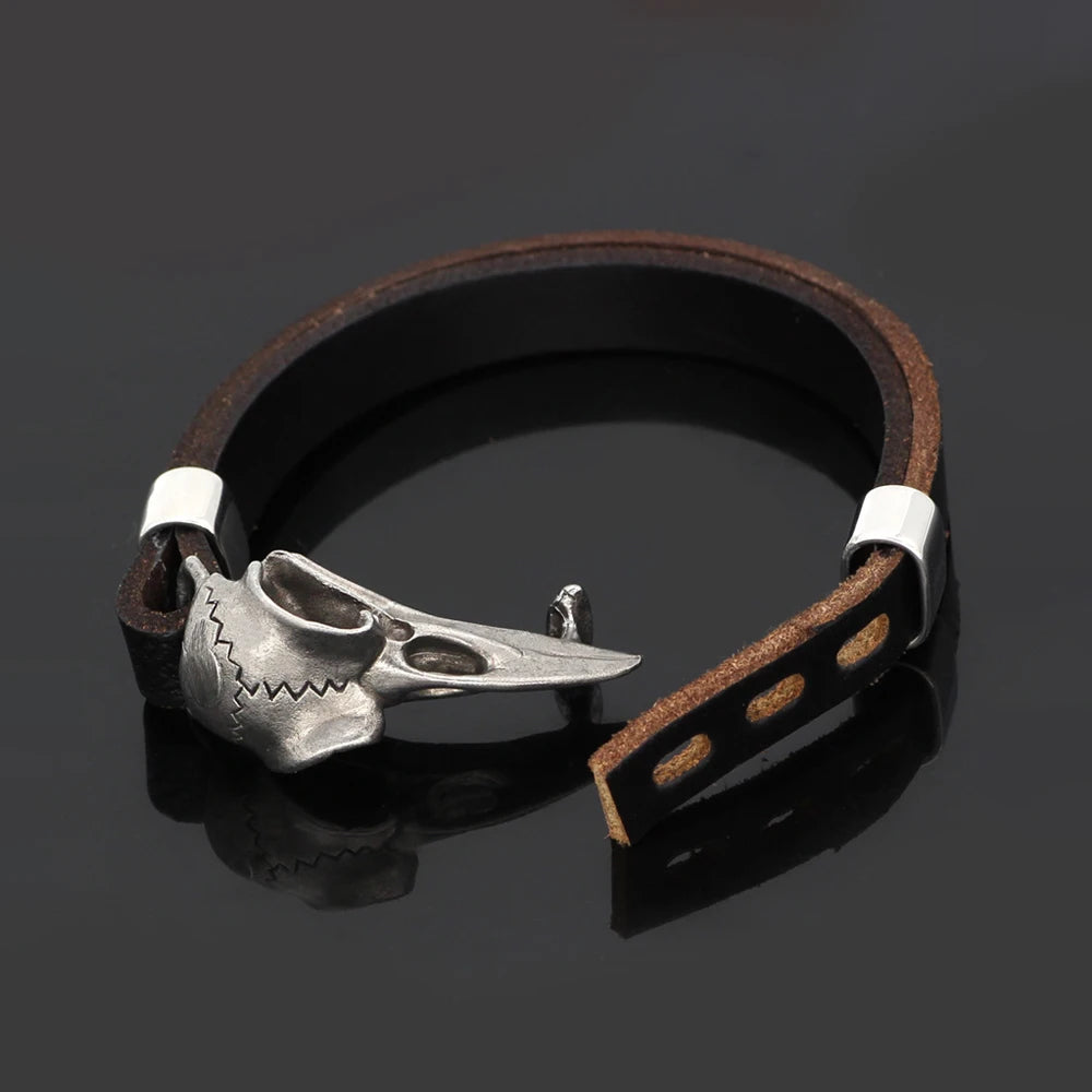 Fashion Vintage Stainless Steel Nordic Odin Crow Skull Bracelet Punk Men Viking Leather Amulet Bracelets Jewelry Gift Wholesale