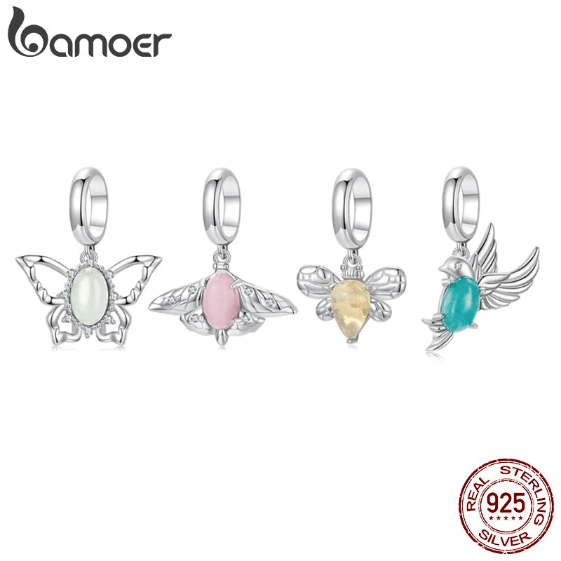 BAMOER Solid 925 Sterling Silver Natural Jade Butterfly Bee Bird Charm Pendant fit Original Bracelet DIY Jewelry Accessories