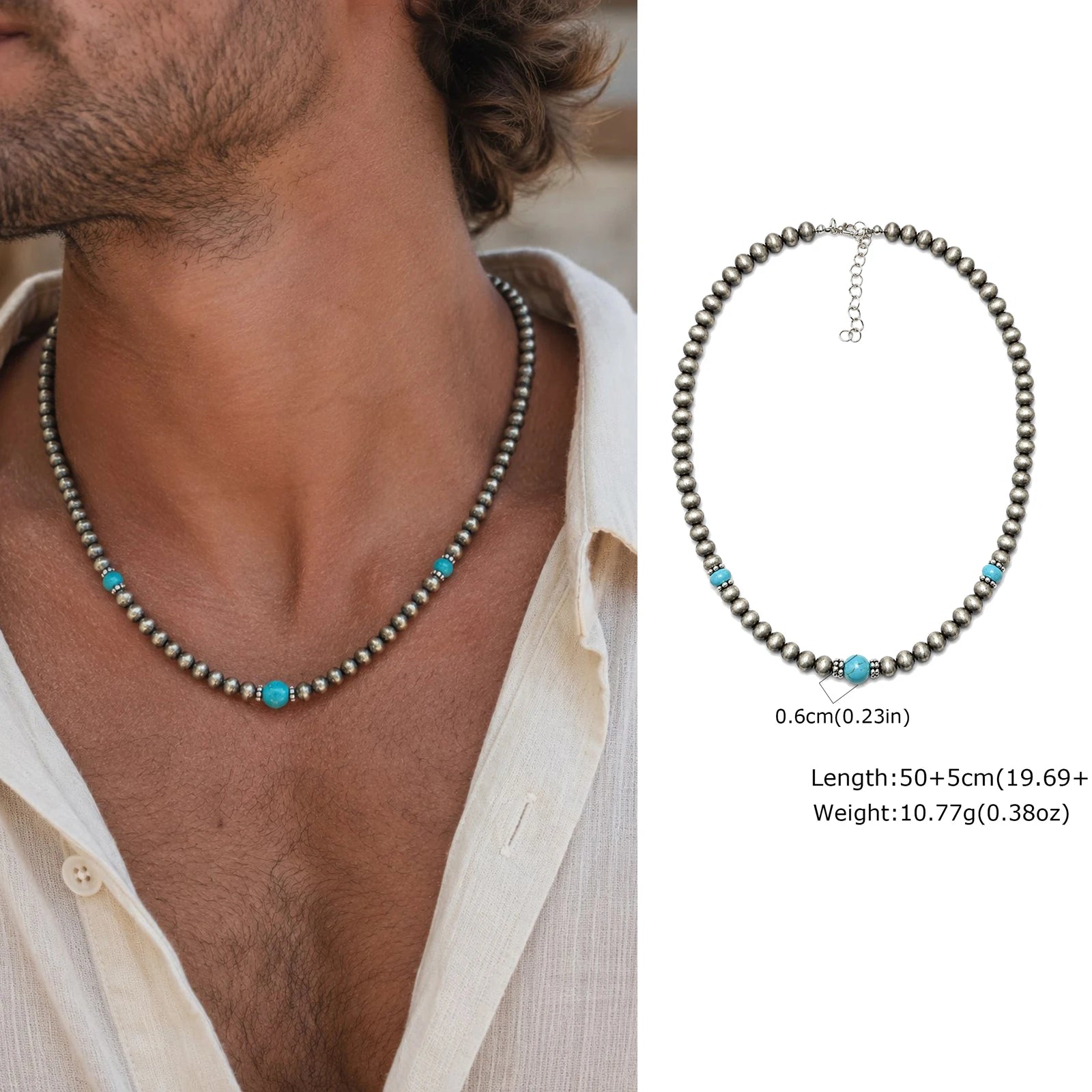 Synthetic Turquoise Necklaces for Men Boys,Natural Stone Mini Beads Necklaces,Summer Beach Bohemian Male Jewelry Gift