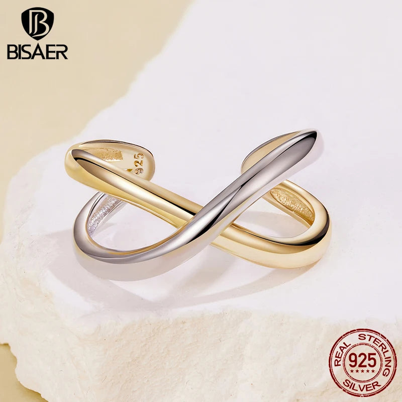 BISAER 925 Sterling Silver Two-tones Cross X Open Ring Minimalist Stackable Eternity Band Plated Gold for Women Fine Jewelry