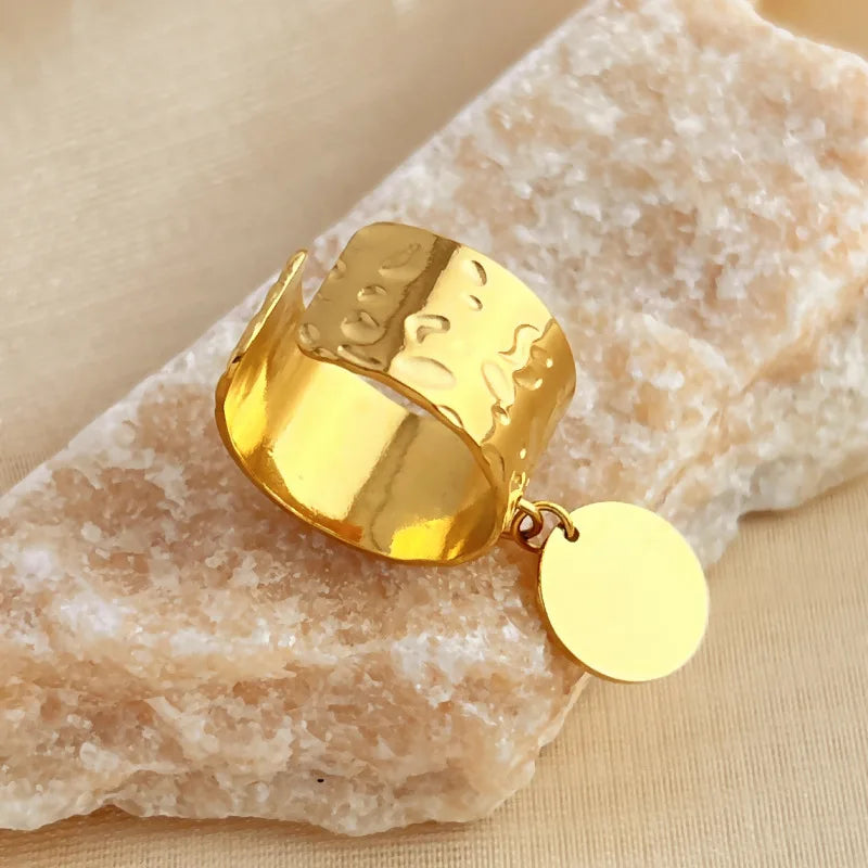 Stainless Steel Chunky Rings For Women Gold Color Waterproof Smooth Round Pendant Finger Ring Unisex Party Aesthetic Jewelry