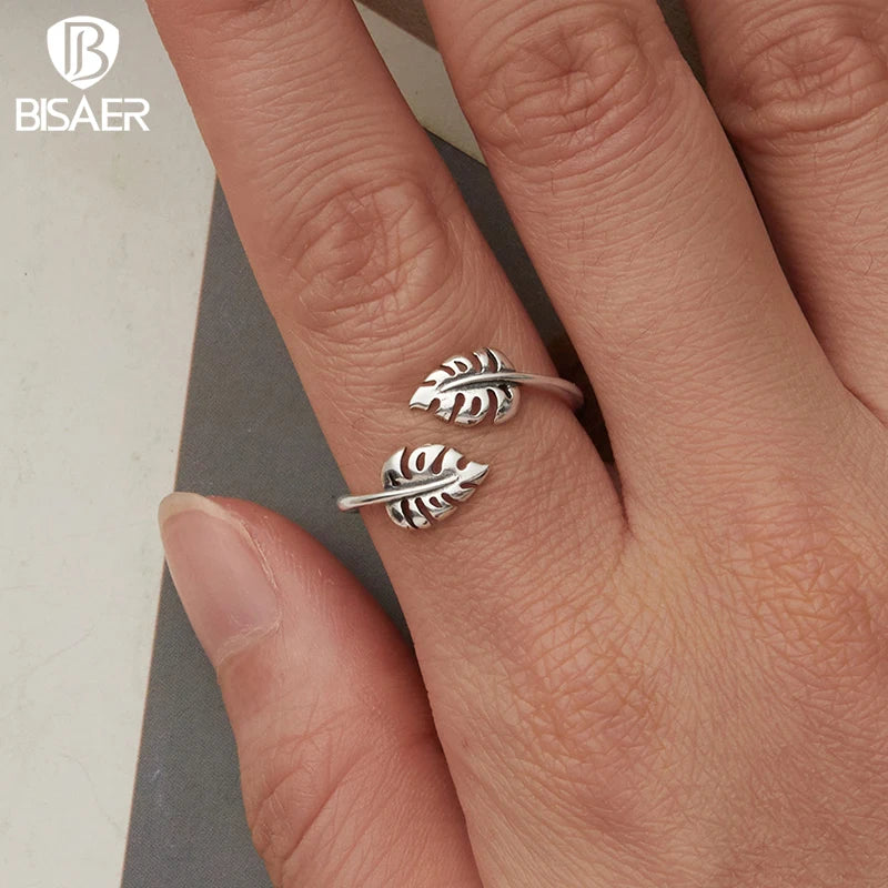 BISAER 925 Sterling Silver Turtleback Leaf Open Ring Adjustment Size 5-9 Band for Women Party Original Fine Jewelry EFR671-E