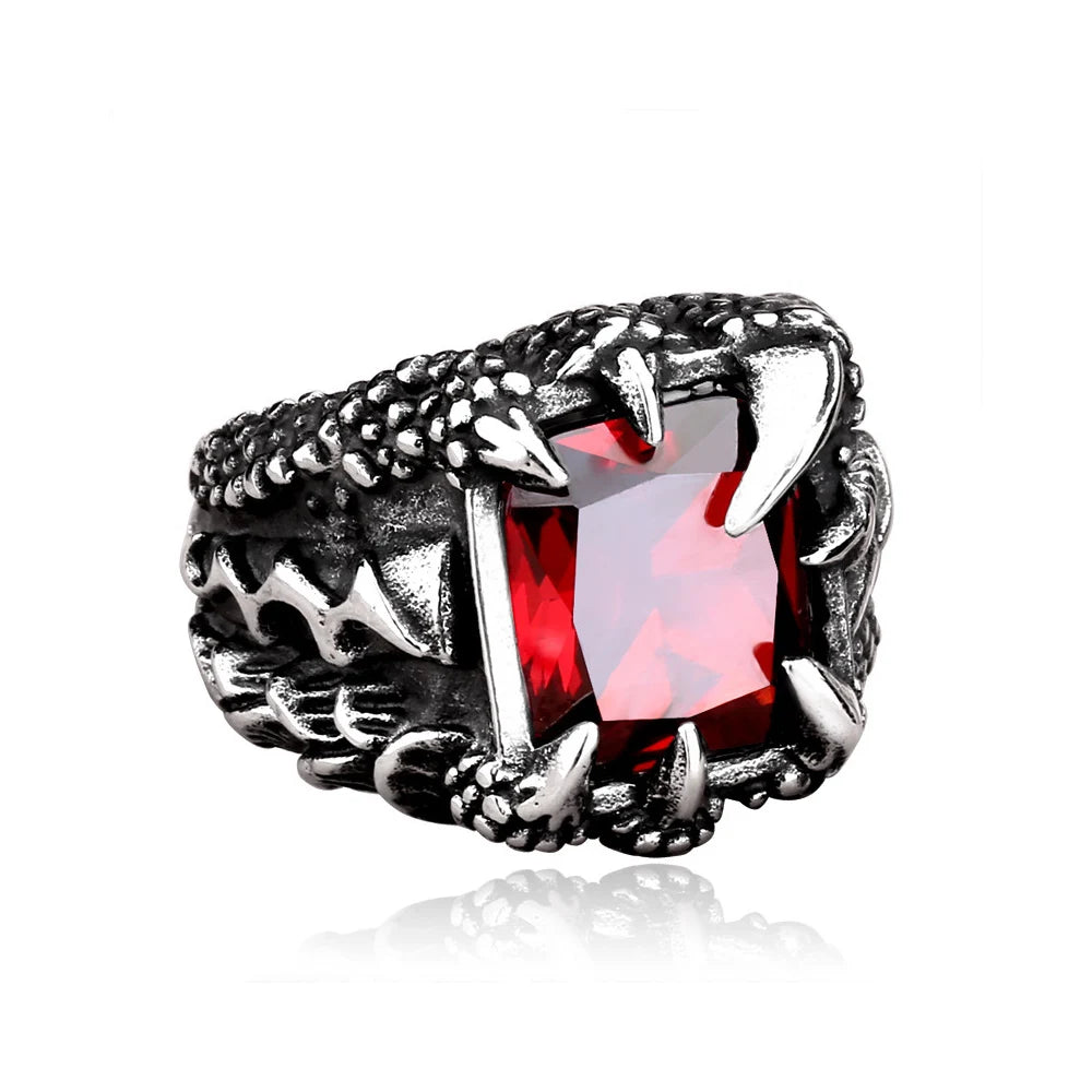 Retro Dragon Claw Blue Black Red Stone Ring For Men Punk Hip Hop Stainless Steel Dragon Claw Ring Nightclub Party Jewelry Gift