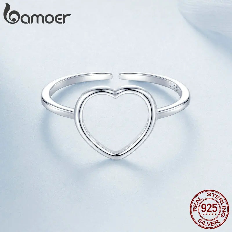 BAMOER Sterling Silber 925 Einfache Herz Offene Ringe Minimalistischen Verstellbaren Ring für Frauen Statement Ring Schmuck Geschenk BSR593-E
