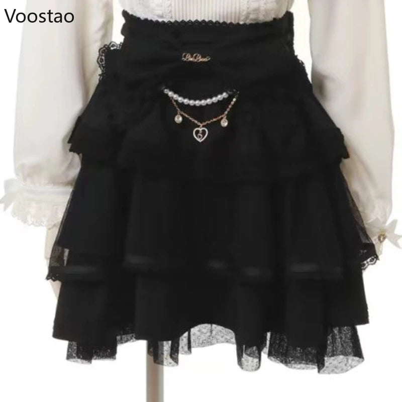 Japanese Sweet Lolita Style Mini Skirt Women Elegant Bow Pearl Chain Party Cake Skirts Female Gothic Y2k Lace Ruffle Short Skirt