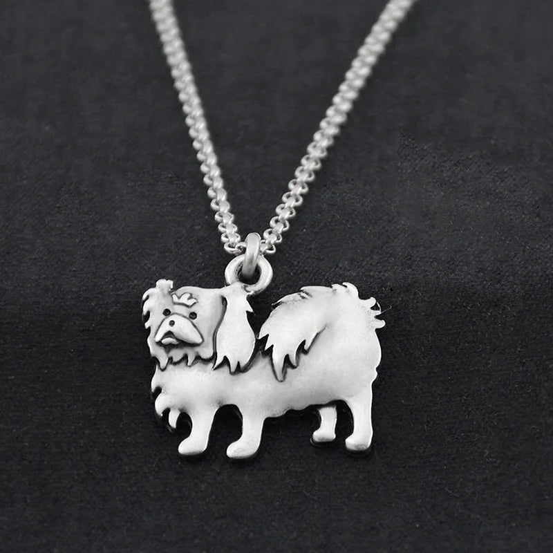 Retro Silver Color Chow Chow&Papillon Pendant Necklace Women Stainless Steel Long Chains Pekingese Dog Necklaces For Men Jewelry