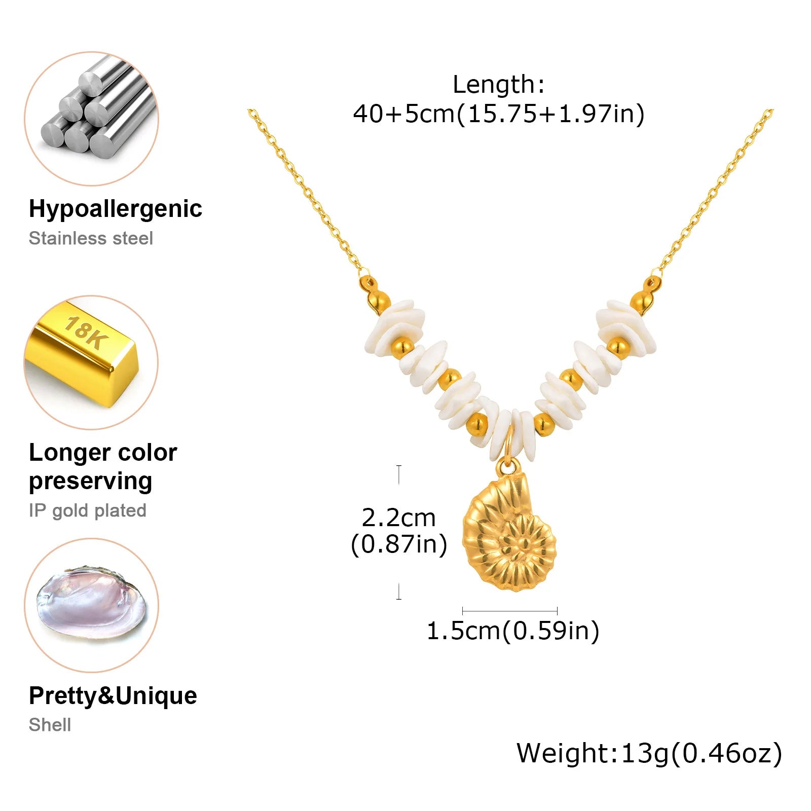 Vnox New Original Design Bell Conch Pendent Necklaces For Women,Stainless Steel White Square Bead Chain,Beach Waterproof Jewelry