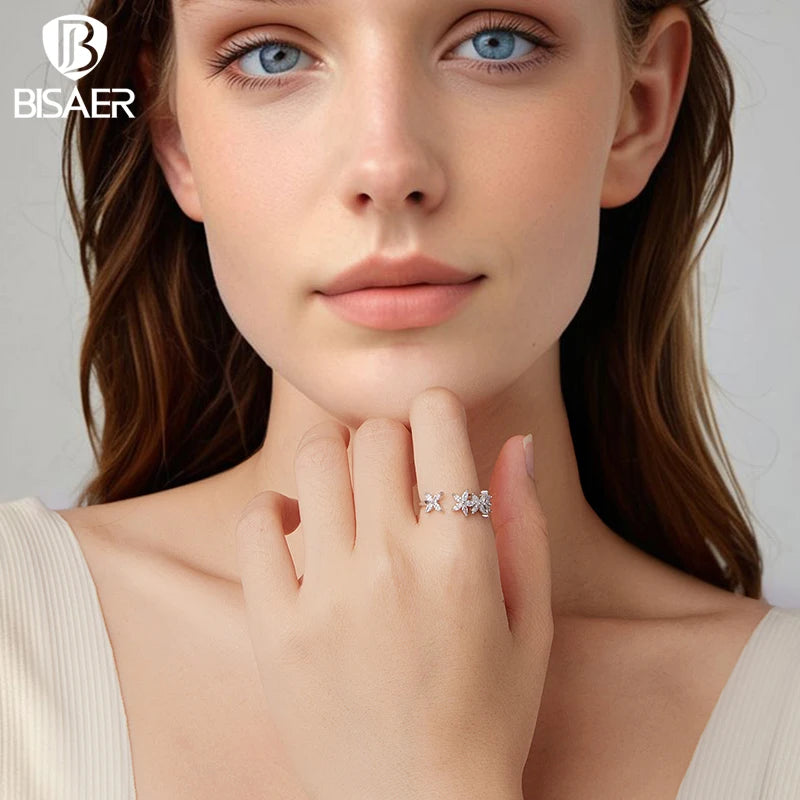 BISAER Real 925 Sterling Silver Autumn Leaves Open Ring Sparkling Zircon Band Adjustable Size 5-9 for Women Party Fine Jewelry