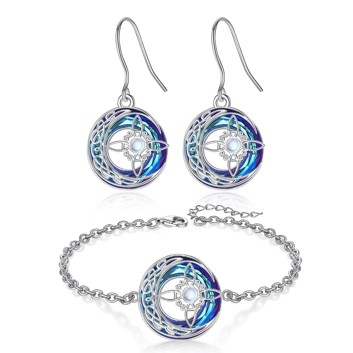 Eudora 925 Sterling Silver Witches Knot Adjustable Ring & Necklace & Bracelet Austrian Crystal Wicca Amulet Jewelry Set Gift