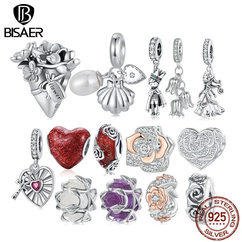 BISAER 925 Argent Sterling Petit Prince &amp; Rose Charm Perle Clochette Princesse Coeur Croix Coquillage Pendentif Fit DIY Bracelet Bijoux