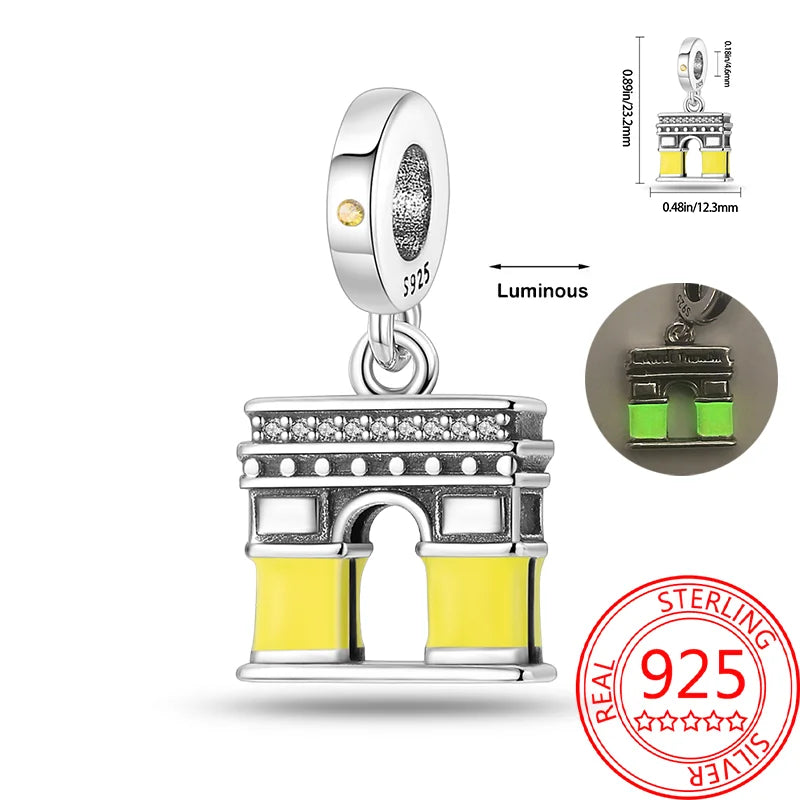 Creative 925 Sterling Silver Eiffel Tower Gold Heart Double Charm Fit DlY Bracelet Necklaces Women's Dating Jewelry Accessories