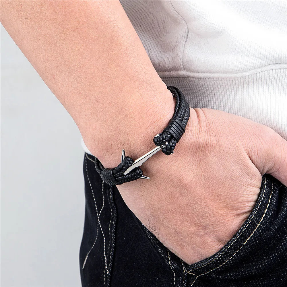 MKENDN Mens Anchor Bracelet Woven Multilayer Leather Bracelets For Women Unisex Nautical Anchor Rope Bracelet Great Gift for Dad