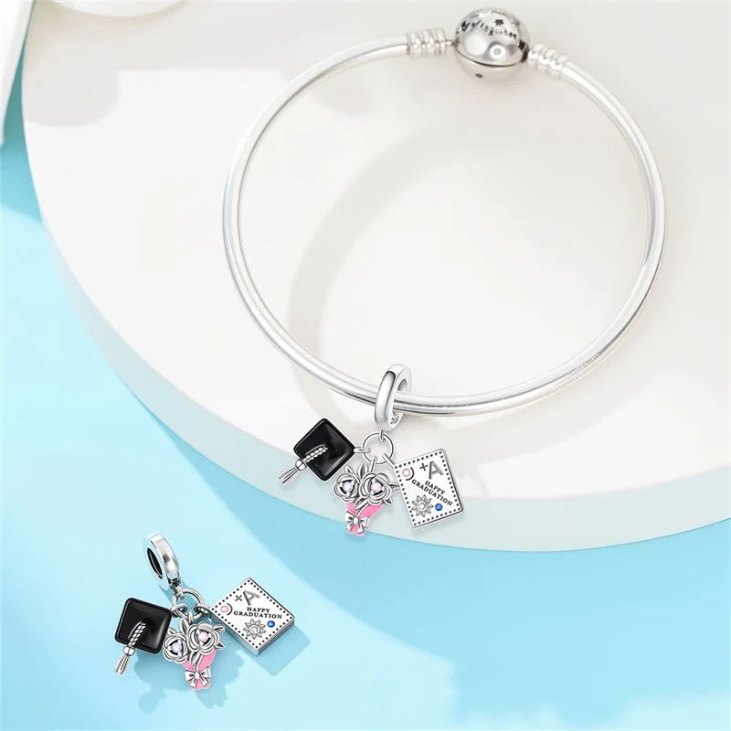 Original 925 Sterling Silver Charms Beads Graduation Season College Entrance Bachelor's Cap Pendant for Bracelet Charm Jewelry