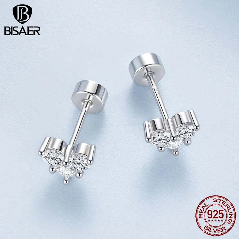 BISAER Real 925 Sterling Silver Zircon Heart Stud Earrings Classic Hypoallergenic Earrings for Women & Girls Party Fine Jewelry