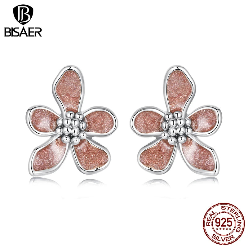 BISAER Autumn Flowers Stud Earrings 925 Sterling Silver Yellow Enamel Process Stud Ear for Women Party Fine Jewelry Gifts