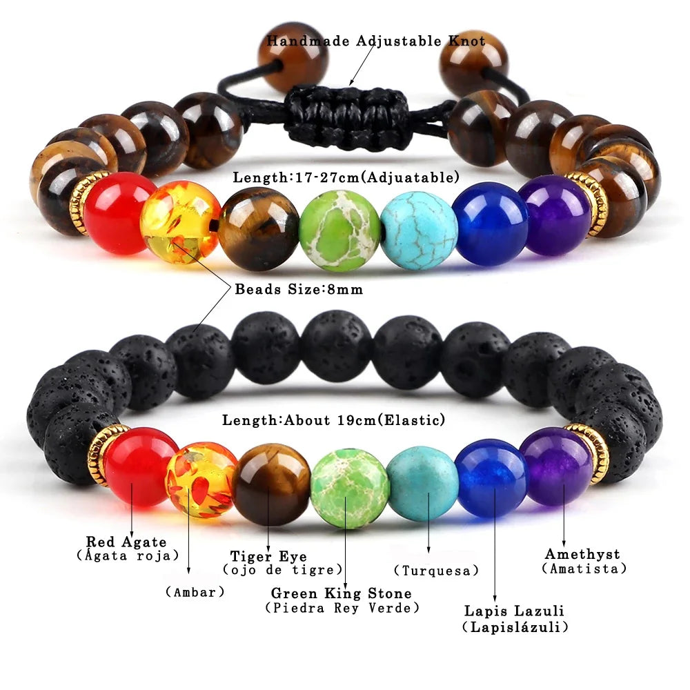 2Pcs Natural Stone 7 Chakra Healing Beaded Adjustable Braided Bracelets Men 8mm Lava Stretch Bracelet Women Reiki Buddha Jewelry