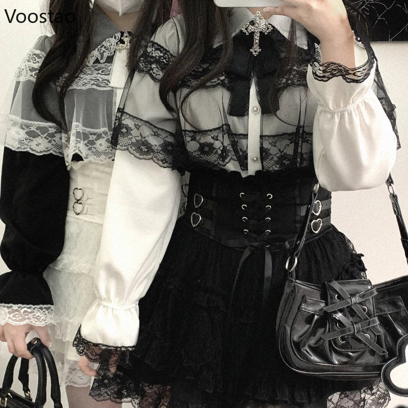 Gothic Y2k Lolita Style Shirts Women Kawaii Lace Ruffles Long Sleeves Blouse Female Japanese Victorian Vintage Clothes Cute Tops