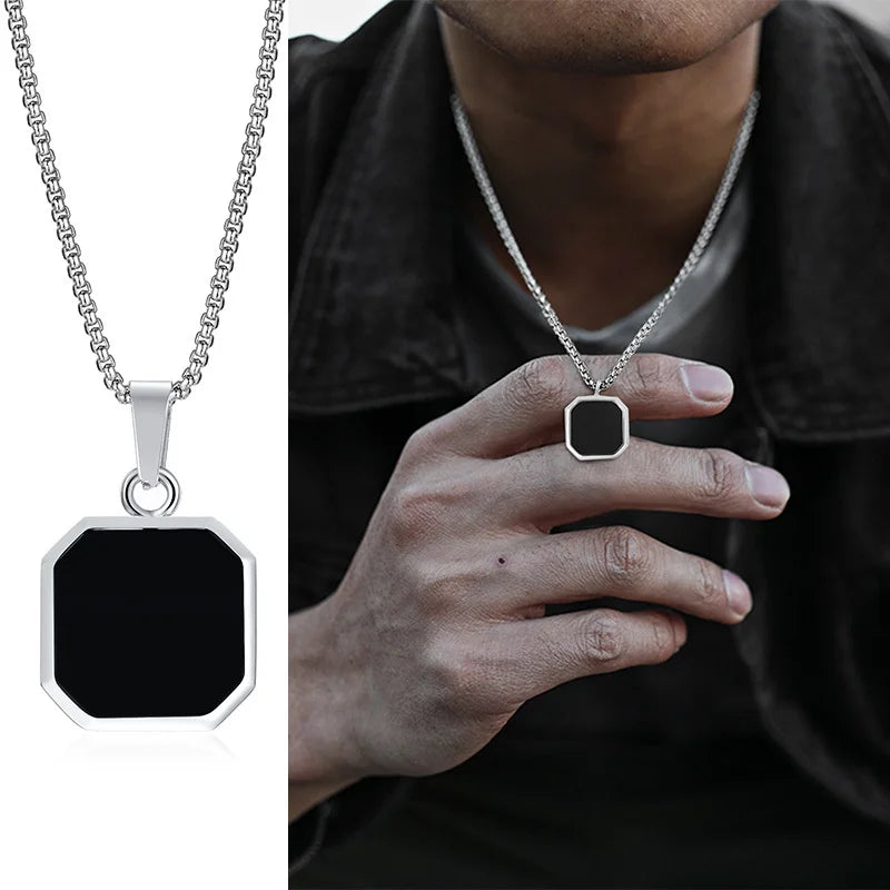 Vnox 2pcs Necklaces Set for Men, Geometric Square Pendant with 55cm Rope Box Cuban Chain, Simulated Pearl Chain Steel Collar