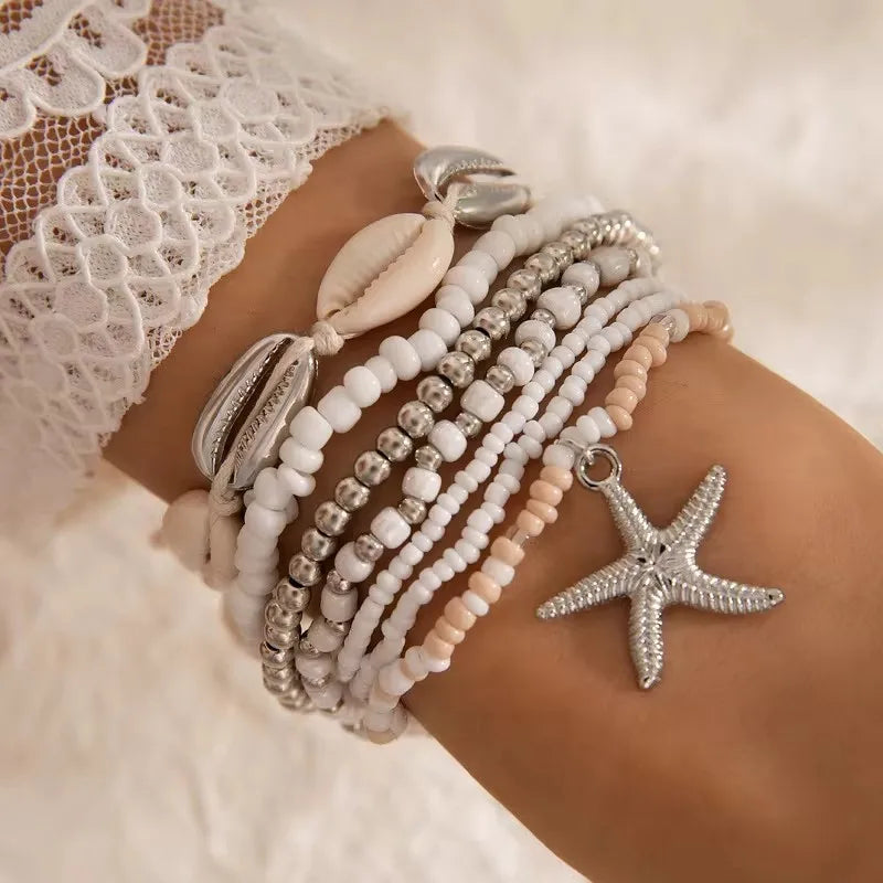 Tocona Bohemian Resort Style Shell Beaded Weaving Bracelet Beach Style Starfish Rice Beads Seven Piece Set for Women 25134 - Madeinsea©