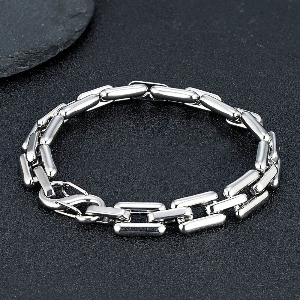 MKENDN Men's Heavy Handmade Chain Bracelet Never Fade Double Push Carabiner Clasp Stainless Steel Punk Rectangle Link Accessory
