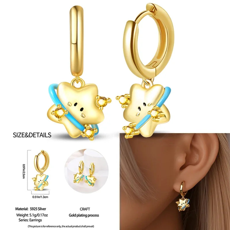 925 Sterling Silver Christmas Blue Snowflakes Tassel Diamond Earrings Red Bow for Women Creative Jewelry Christmas Themed Gifts