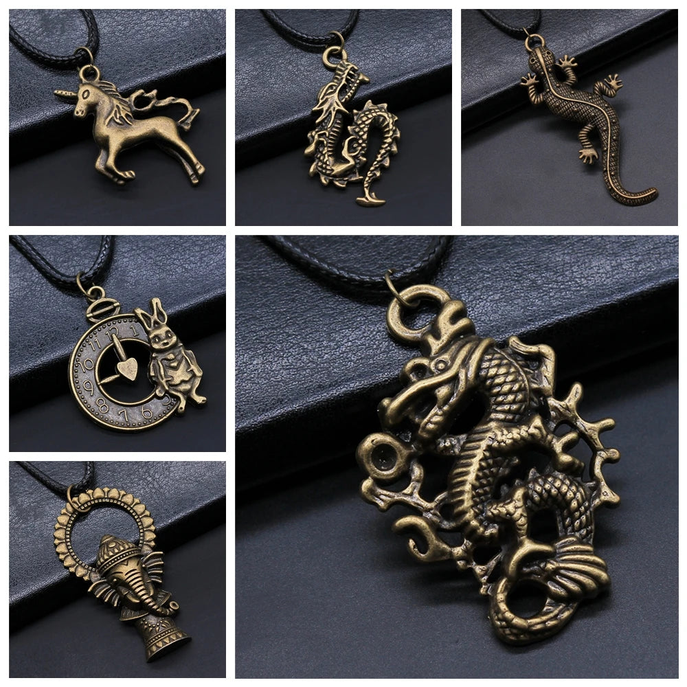 Animal Black Leather Necklace Elephant Wolf Dragon Horse Gecko Lizard Pendant Necklace For Women Men Boy Girls